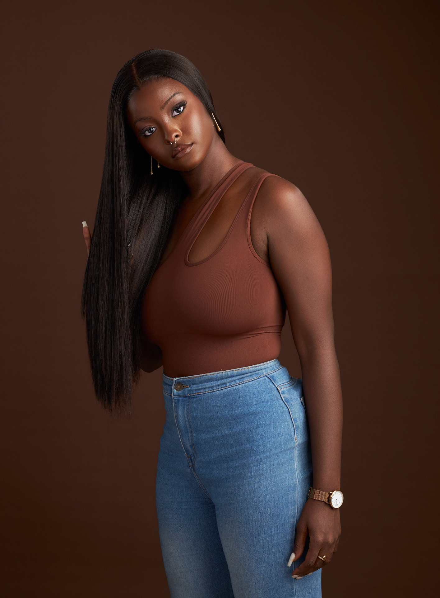 Model wearing a long straight wig