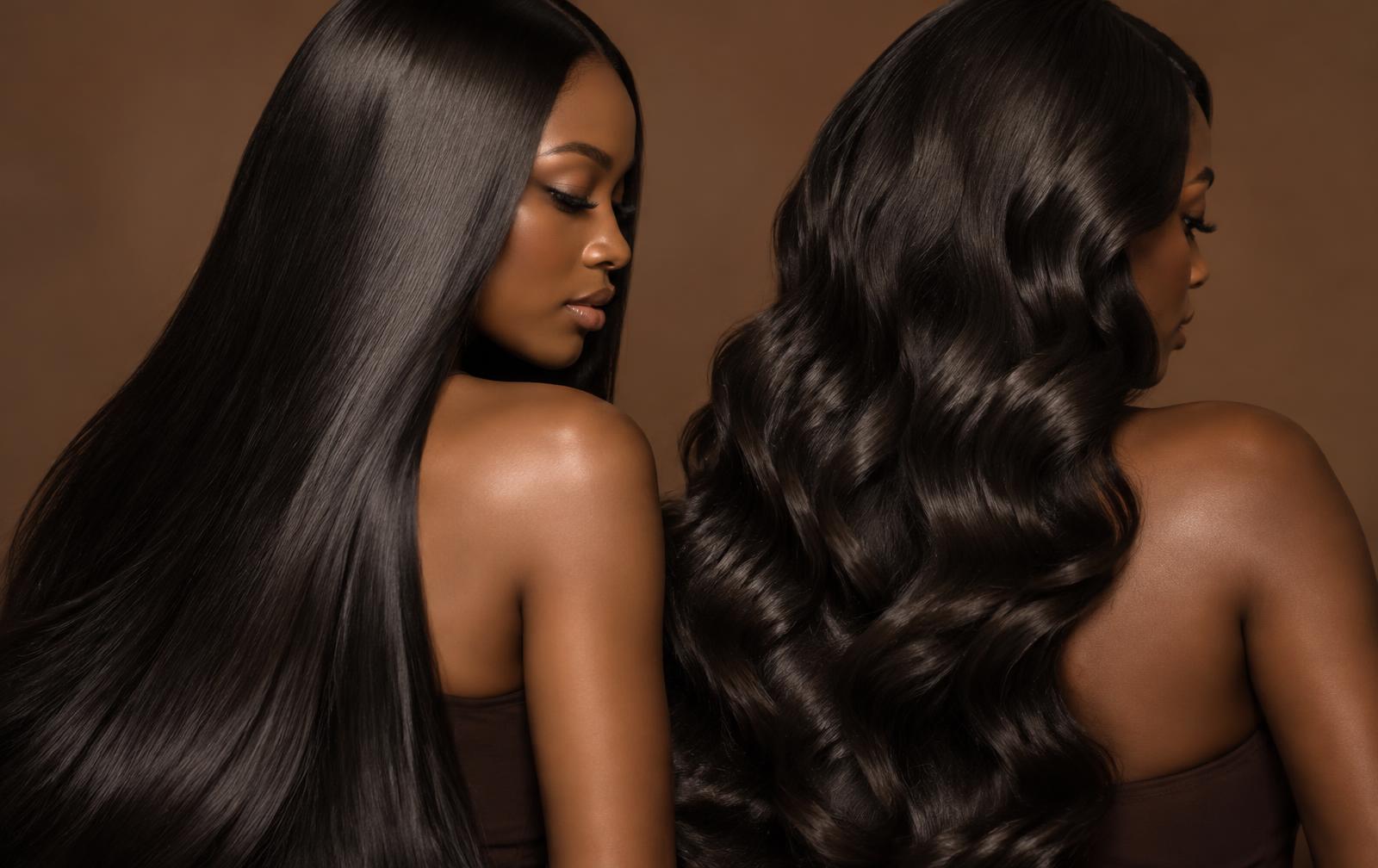 Two women showing glossy straight and body wave hair bundles